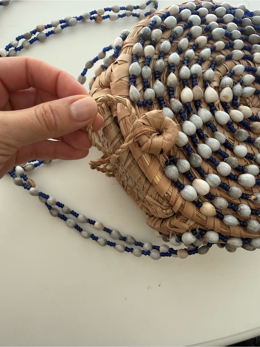Vintage Beaded Straw Crossbody Bag Boho Coastal Woven Shell Purse - Picture 4 of 9